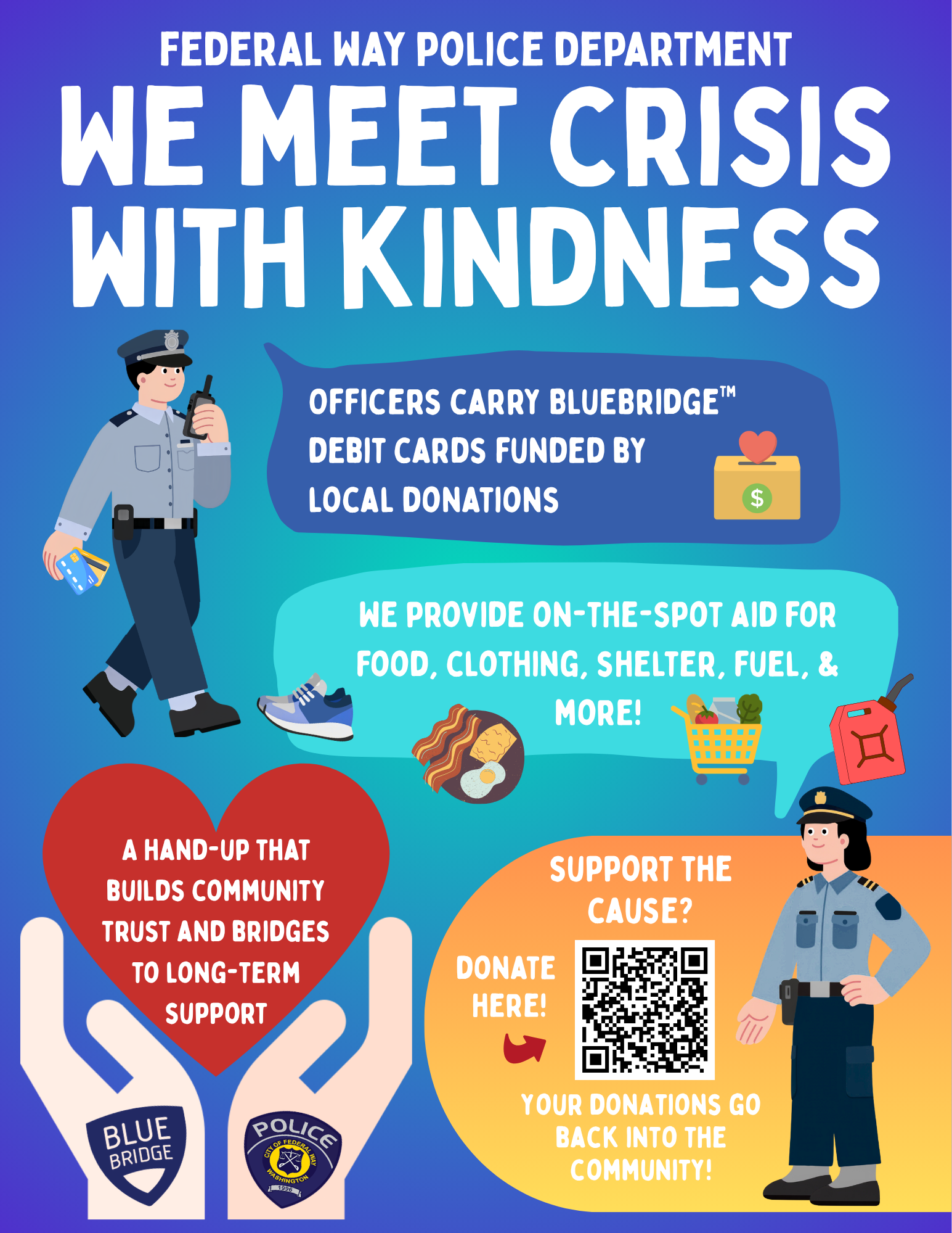 Graphic from the Federal Way Police Department promoting the BlueBridge program. The headline reads, "We Meet Crisis with Kindness." Illustrated police officers are shown carrying BlueBridge debit cards and helping community members with immediate needs such as food, clothing, shelter, fuel, and other essentials. Icons of groceries, shoes, a meal, a gas can, and a donation box reinforce the message. A large heart held in two hands symbolizes community trust and long-term support. A QR code invites donations, with a message that contributions fund BlueBridge cards carried by officers and go directly back into helping people in the community.