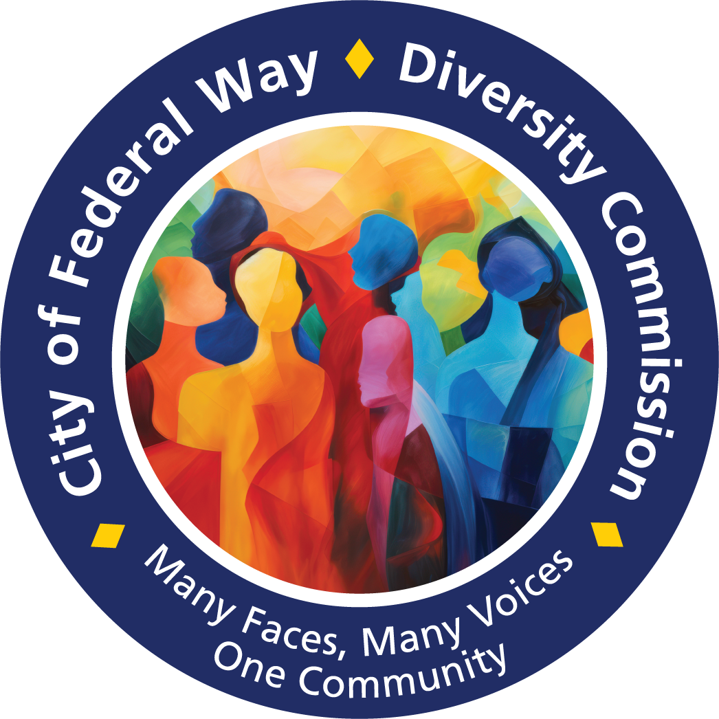 Circular City of Federal Way Diversity Commission logo with white text on a dark blue ring around a colorful abstract illustration of diverse people. The outer ring reads “City of Federal Way Diversity Commission,” and the bottom text says, “Many Faces, Many Voices One Community.” Yellow diamond accents separate the text.
