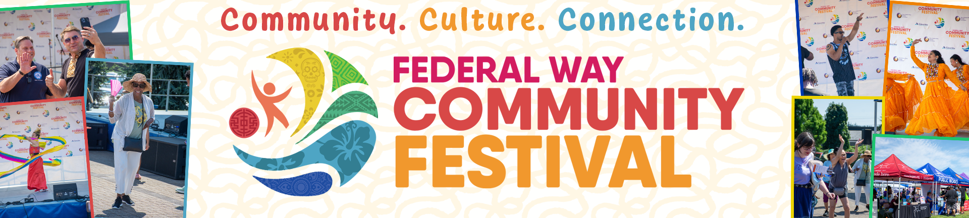 Federal Way Community Festival Decorative Banner showcasing several event photos of diverse performances, dancing, and informational booths from the community.