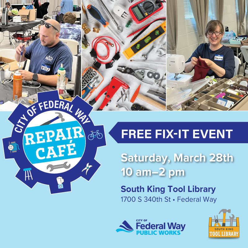 A flyer depicting fixers using tools and sewing informing about the upcoming repair cafe at South King Tool Library on Saturday, March 28th