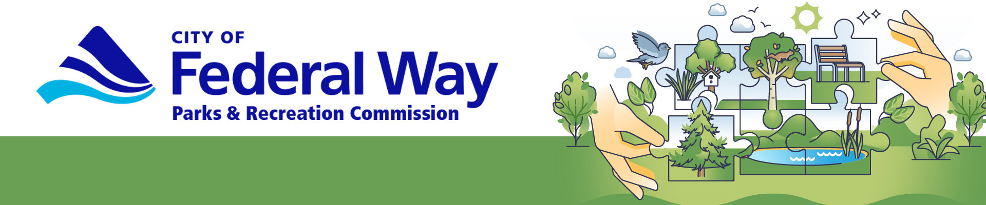 City of Federal Way Parks & Recreation Commission featuring hands building puzzle pieces featuring outdoor features and birds.