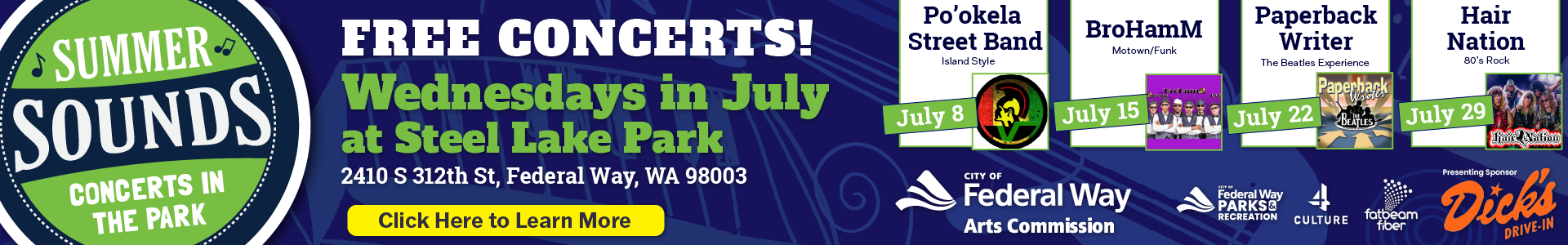 Summer Sounds concert banner promoting free Wednesday concerts in July at Steel Lake Park in Federal Way, featuring Po’okela Street Band on July 8, BroHamM on July 15, Paperback Writer on July 22, and Hair Nation on July 29.