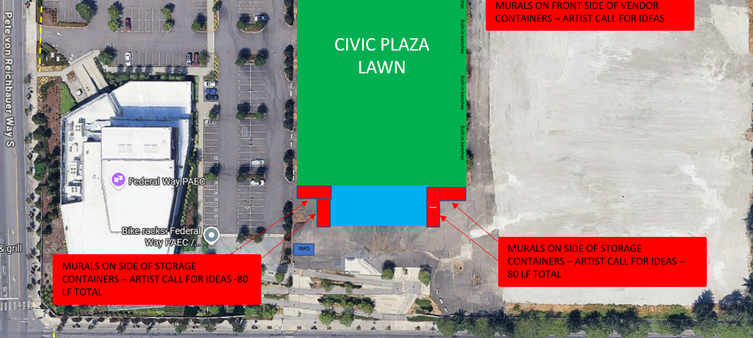 Overhead site map of the Federal Way Performing Arts and Event Center area with color overlays and mural callouts. A large green rectangle labeled “CIVIC PLAZA LAWN” sits to the right of the PAEC building. Along the bottom edge of the lawn are blue and red rectangular shapes representing storage or vendor containers. Red callout boxes with arrows note proposed mural locations, including murals on the front side of vendor containers and murals on the sides of storage containers, each marked as an artist call for ideas, with side murals totaling 80 linear feet. Nearby features visible on the aerial map include parking lots, Pete von Reichbauer Way South, the PAEC building, walkways, and a small “INFO” marker.