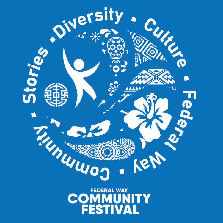 Federal Way Community Festival logo featuring white cultural symbols and imagery within a circular design, with the words βStories β’ Diversity β’ Culture β’ Federal Way β’ Communityβ around the circle and βFederal Way Community Festivalβ below.