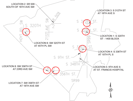 Map showing locations of Citywide Pedestrian Safety Project Construction