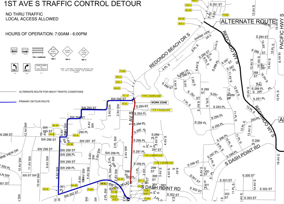 Map showing detour route at 1st Ave S between Dash Point Road and S 292nd