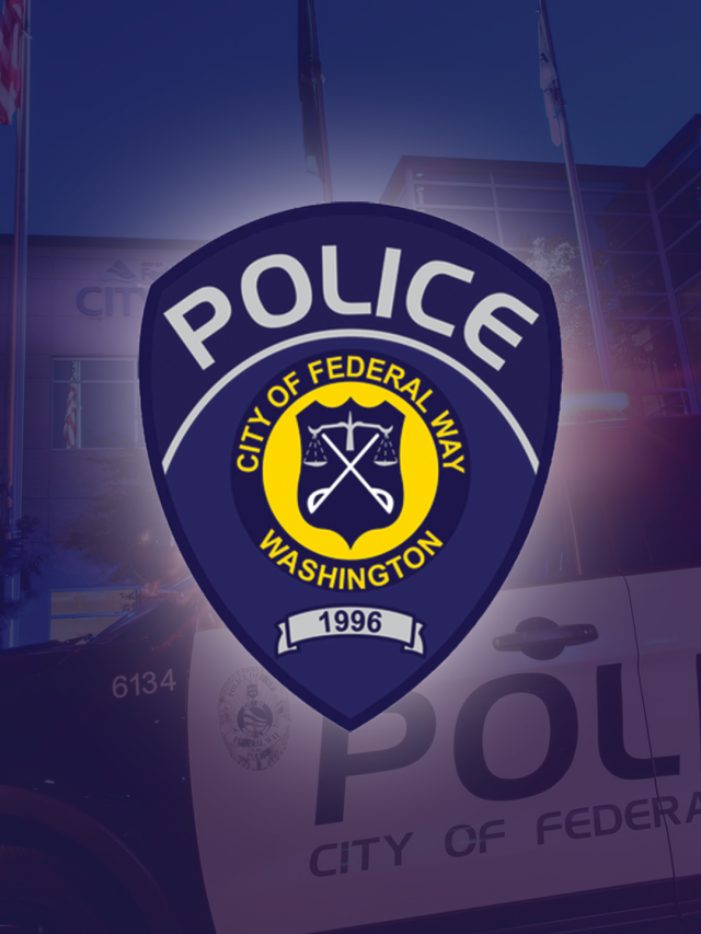 City of Federal Way Police badge displayed over a dark blue tinted background featuring a police vehicle, city building, and flag poles.