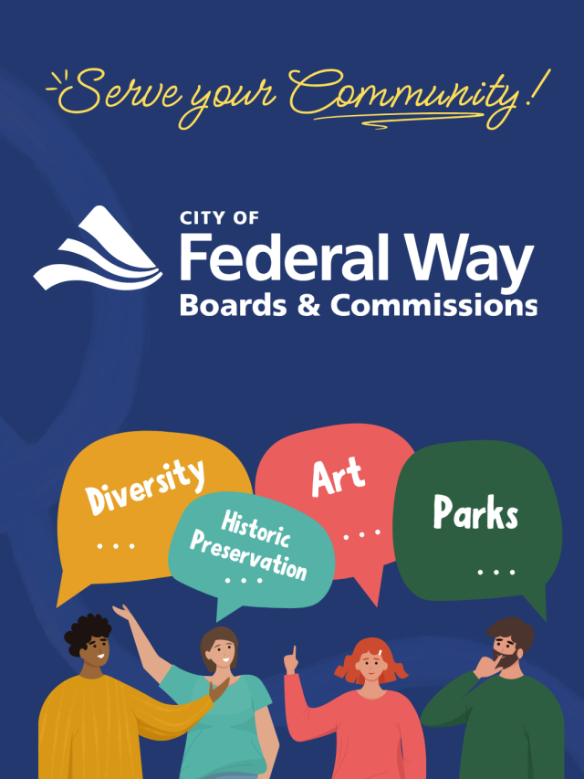 Graphic with the City of Federal Way Boards & Commissions logo and the phrase “Serve your Community!” Speech bubbles highlight areas including Diversity, Historic Preservation, Art, and Parks, with illustrated community members standing below.