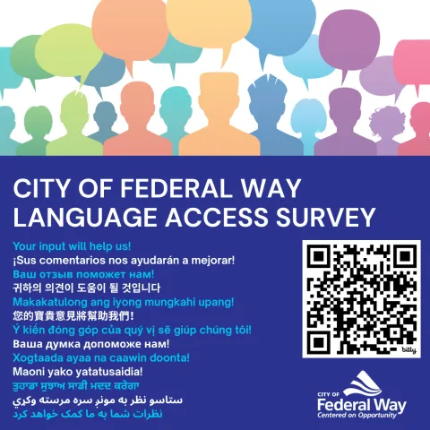 This graphic asks residents to take the City of Federal Way's Language Access Survey. It includes a QR code and the phrase "Your input will help us!" in 13 different languages.