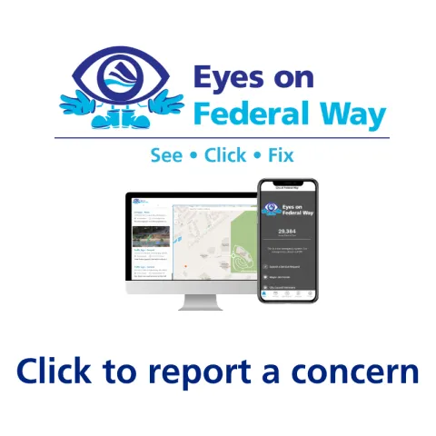 Image of Eyes on Federal Way with a computer and iphone. Words saying "click to report a concern"