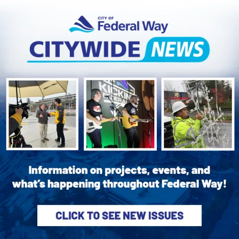 A promotional graphic for City of Federal Way’s ‘Citywide News.’ The top features the City of Federal Way logo above the words ‘Citywide News’ in bold blue lettering with a teal accent. Below are three photos: a TV crew interviewing someone outdoors, a band performing on stage at a Kickin’ It Federal Way event, and a Public Works staff member installing holiday lights. Text below reads ‘Information on projects, events, and what’s happening throughout Federal Way!’ A blue button says ‘Click to See New Issues