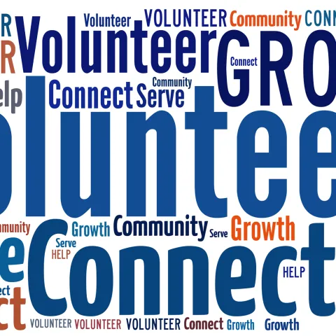 Word cloud containing the words: volunteer, growth, connect, serve, help, community