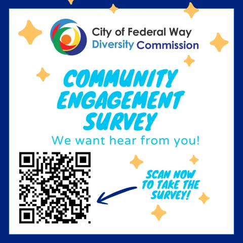 Take the City of Federal Way Diversity Commission Community Engagement Survey. We want to hear from you! Scan the QR code to take the survey or click the image.
