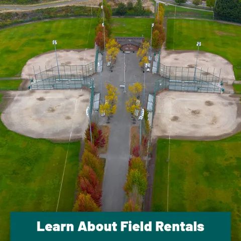 Aerial view of baseball and softball fields at a large community park with fall-colored trees. Button text reads “Learn About Field Rentals.”
