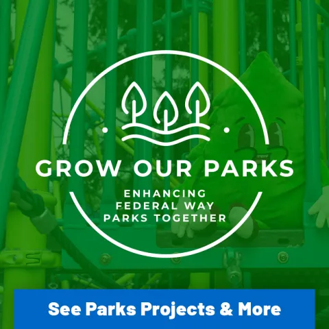 Grow Our Parks logo over a green-tinted photo of a playground with the Dougie Fir mascot sitting on play equipment.